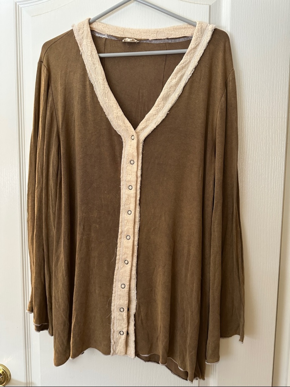 POL Tan Ribbed Top with Cream Collar Detail